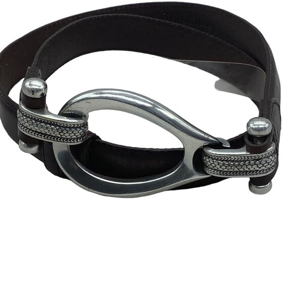 Vtg Brown & Clark Leather Engraved Silver Hook Buckle Belt Women Small‎ Medium main image 3